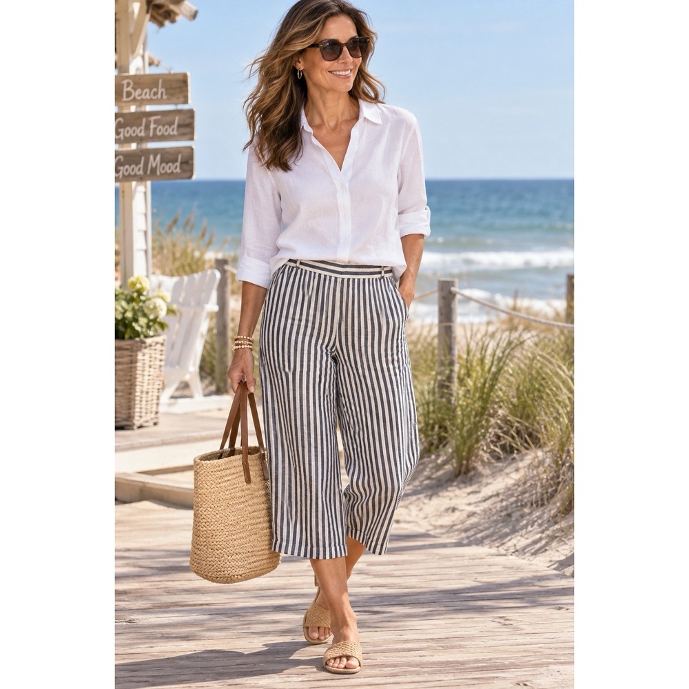 Ellen Tracy Blue/White Striped 100% Linen Crop Wide Leg Pants~ L ~Coastal Beach